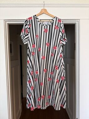 LuLaRoe Black & White Striped Dress with Red Heart Motif